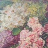 Elliptical painting still life bouquet of flowers oil on wood by Lillie Honnorat