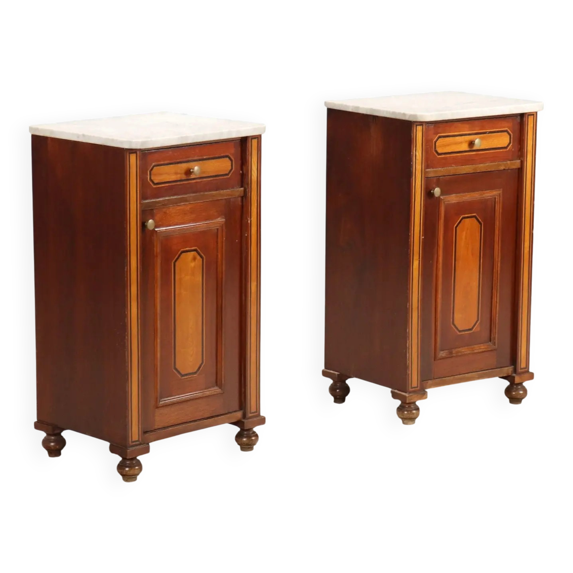 Tables de chevet anciennes en placage d’acajou et marbre blanc, XXe siècle
