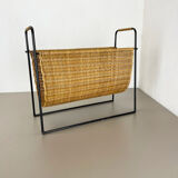 Aubock Style Mid-Century Rattan Bauhaus Magazine Holder, France, 1950s