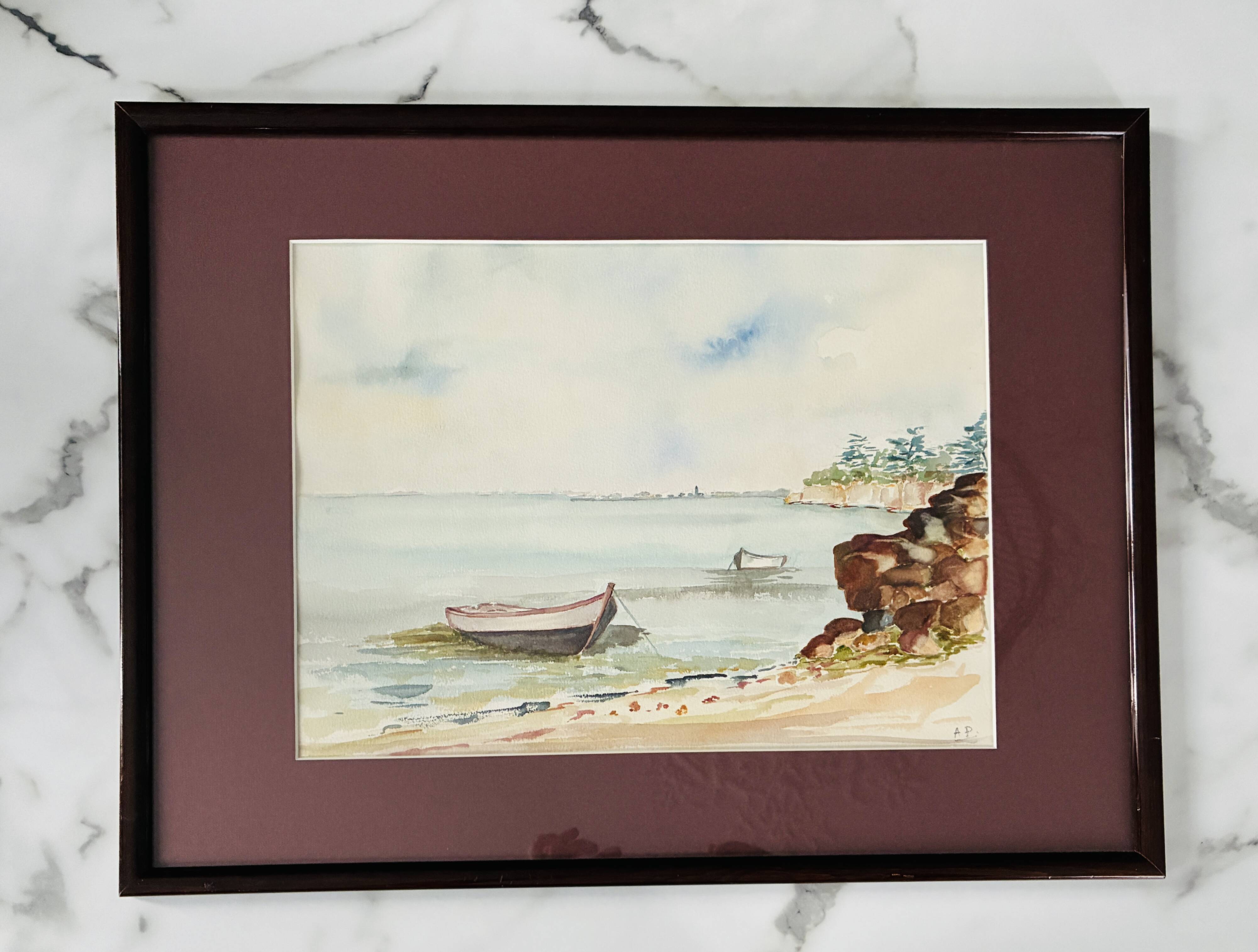 Framed antique watercolor, Gulf of Morbihan