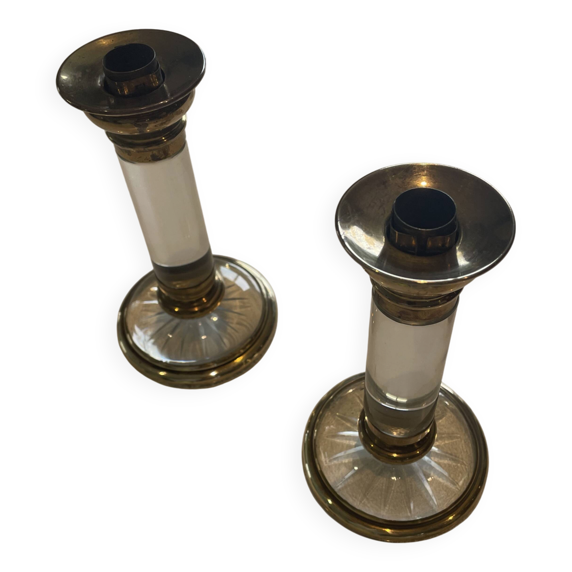 Pair of candlestick holders in crystal and gilded brass, Baccarat decoration.