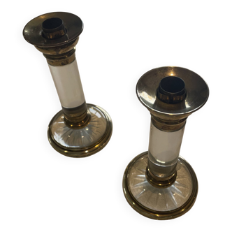 Pair of candlestick holders in crystal and gilded brass, Baccarat decoration.