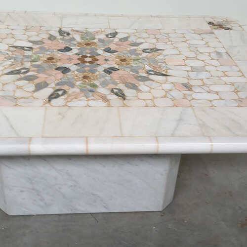 Large Italian pietra dura marble mosaic coffee table, floral inlay, Carrara marble