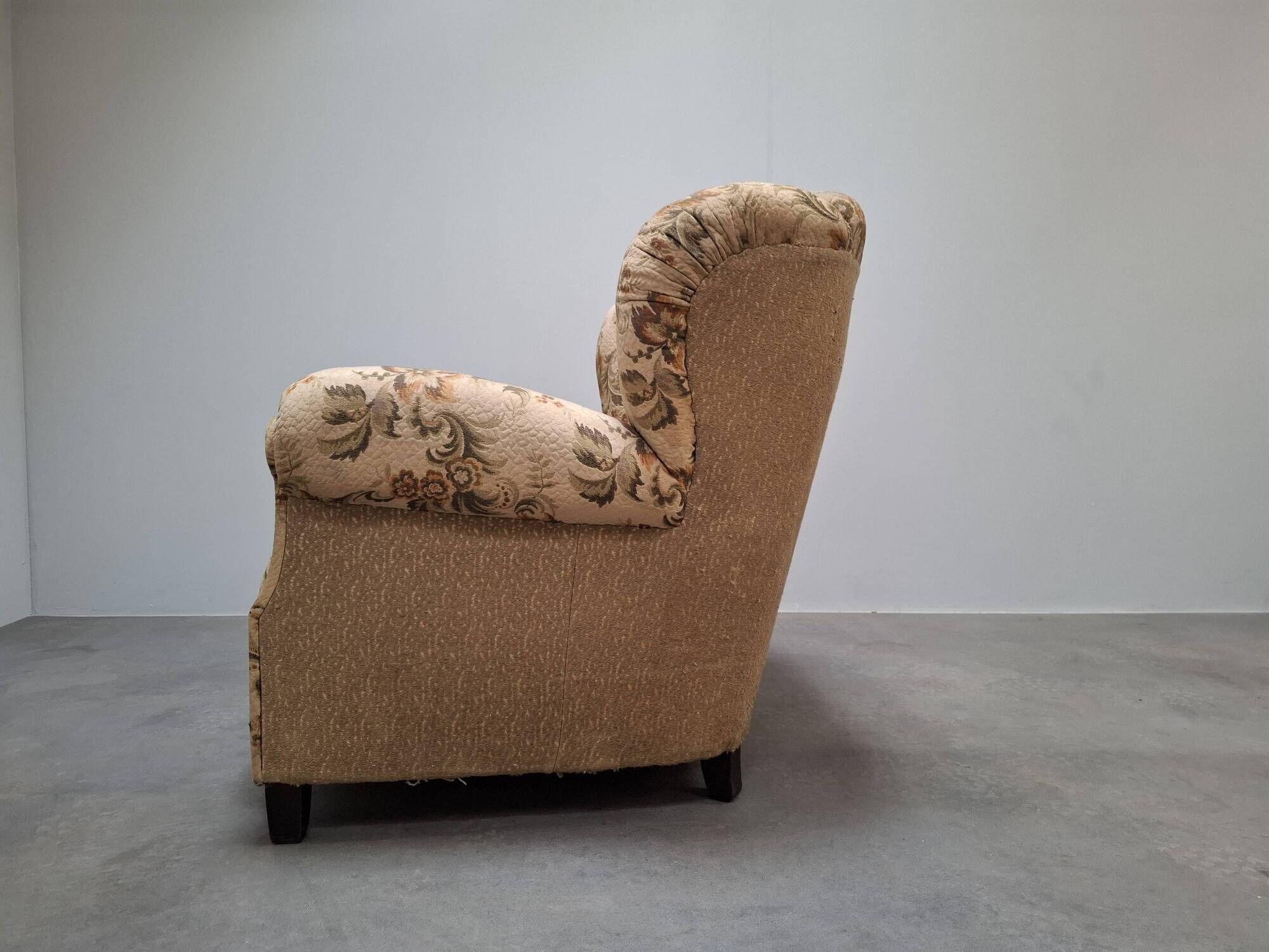1930s Art Deco Czech Floral Upholstered Wingback Armchair