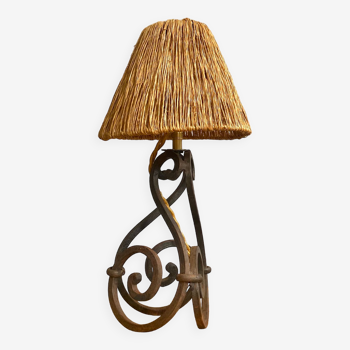 Wrought iron lamp, fabric cable, straw shade