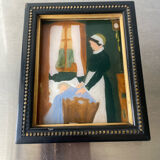Peinture ancienne sur verre cadre en bois noir avec dorure 16,5 cm x 13,5 cm