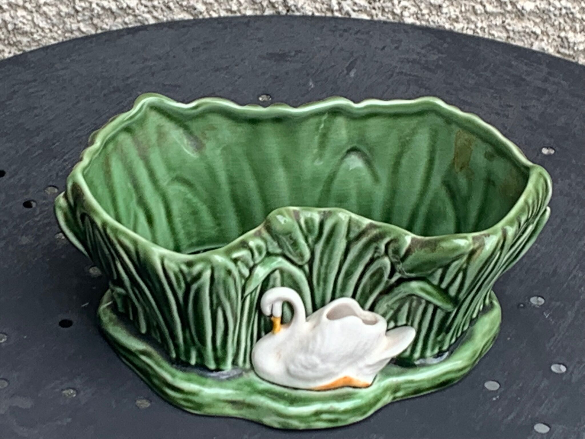 Pot cover in ceramic slurry glazed green pattern foliage and swan made in england numbered