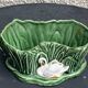 Pot cover in ceramic slurry glazed green pattern foliage and swan made in england numbered