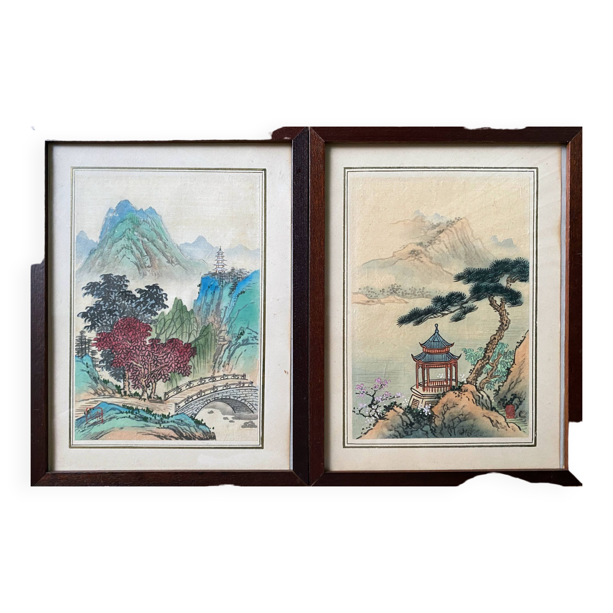Pendant of ancient Chinese ink paintings "Landscapes and temple" signed