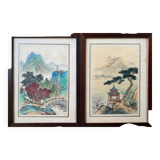 Pendant de tableaux anciens à l'encre de hine "paysages et et temple" signés