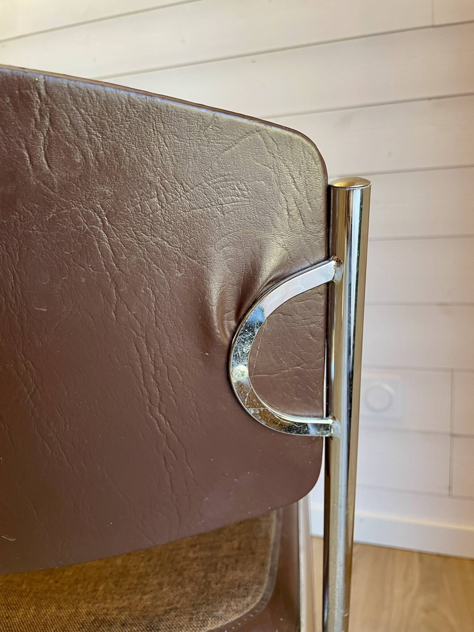 6 chrome sled armchairs Soudexvinyl brown vintage Skaï 70s