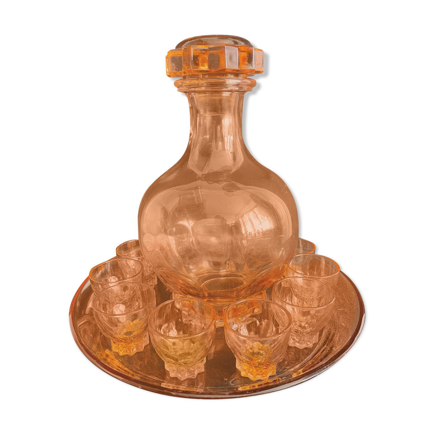 Liquor service in pink moulded glass