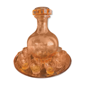 Service à liqueur en verre moulé rose