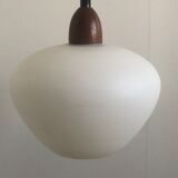 Scandinavian pendant lamp of the fifties in opaline and danish design teak