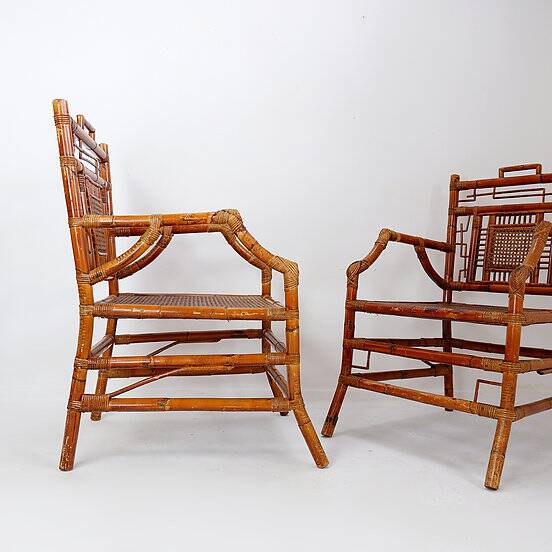 Pair of Asian style bamboo armchairs - France circa 1962