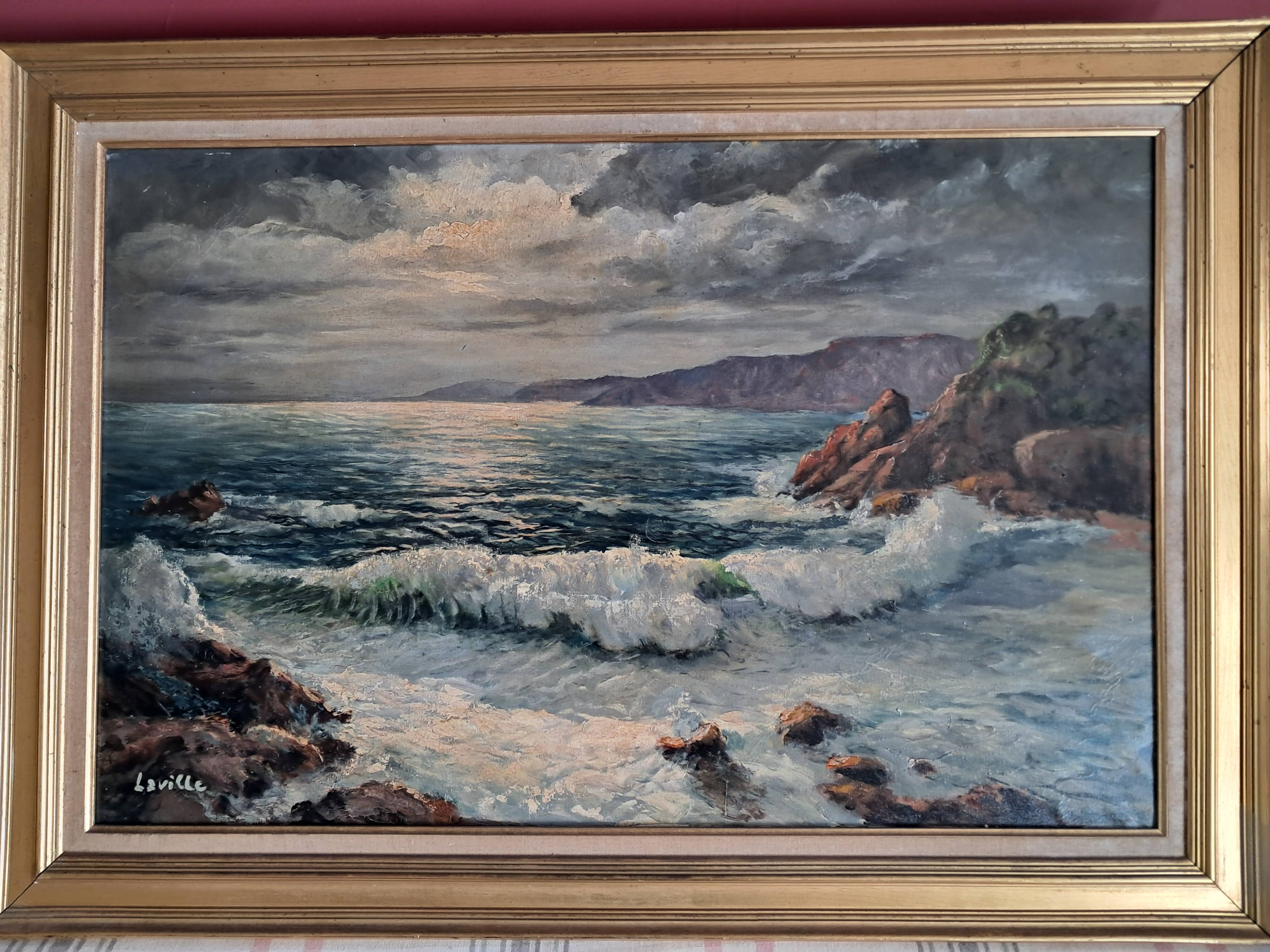 Large old oil painting depicting a seascape.