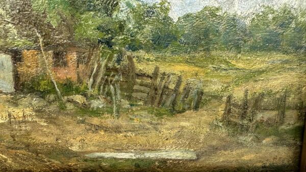 Petite huile sur toile vintage ''La ferme et sa basse-cour