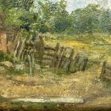 Petite huile sur toile vintage "La ferme et sa basse-cour "