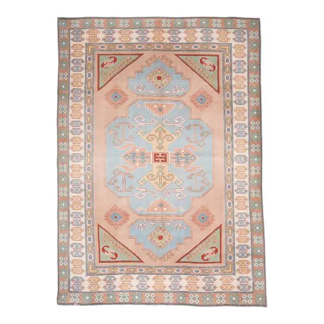 1970s Vintage Turkish Oushak Handmade Wool Cotton Blue Area Rug 220x310