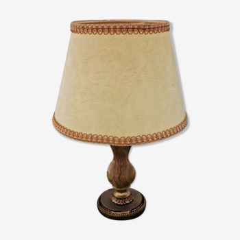 French vintage brass and brown marble table lamp cream card braided shade
