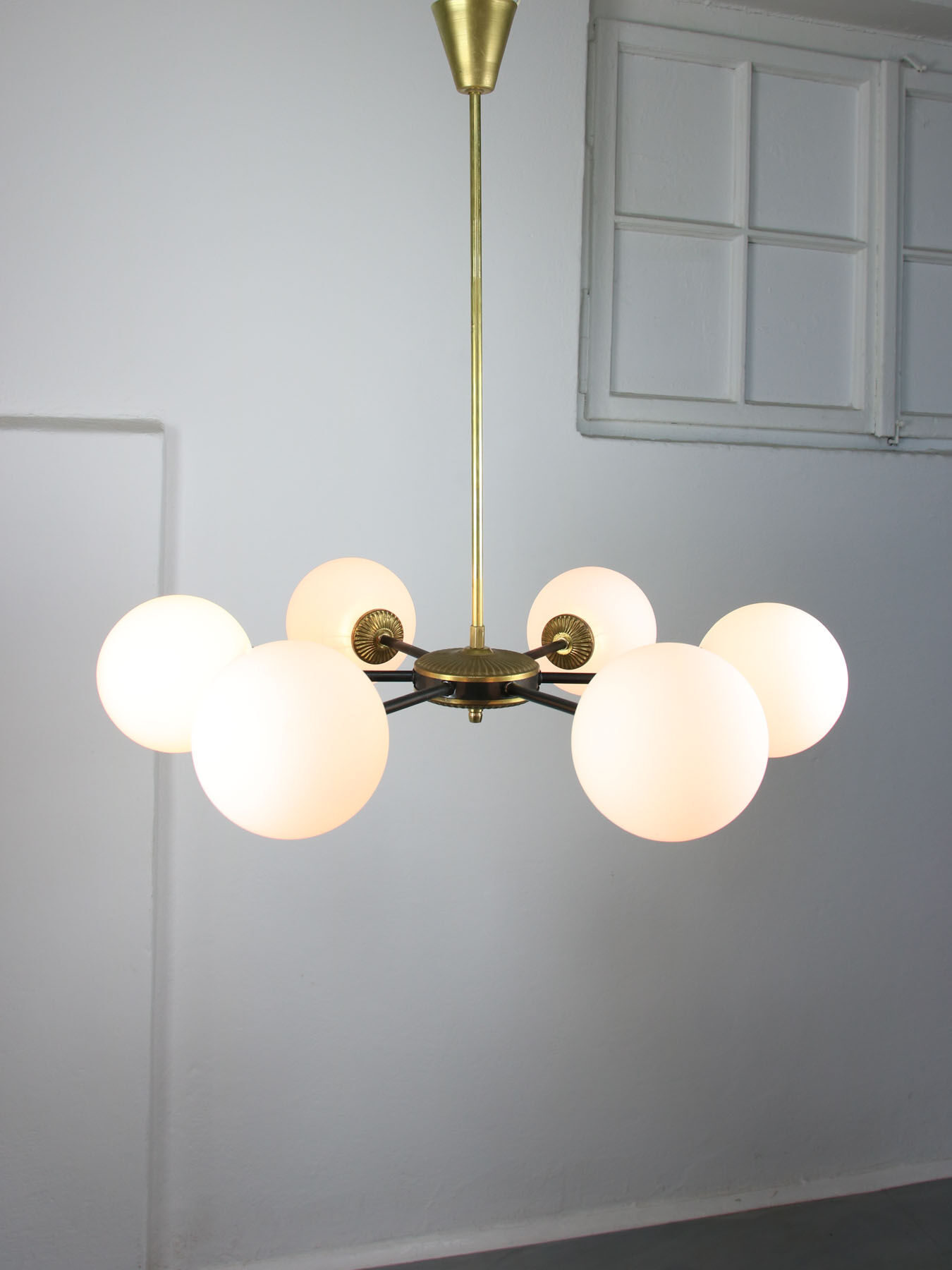 Mid-century sputnik brass and opaline glass chandelier