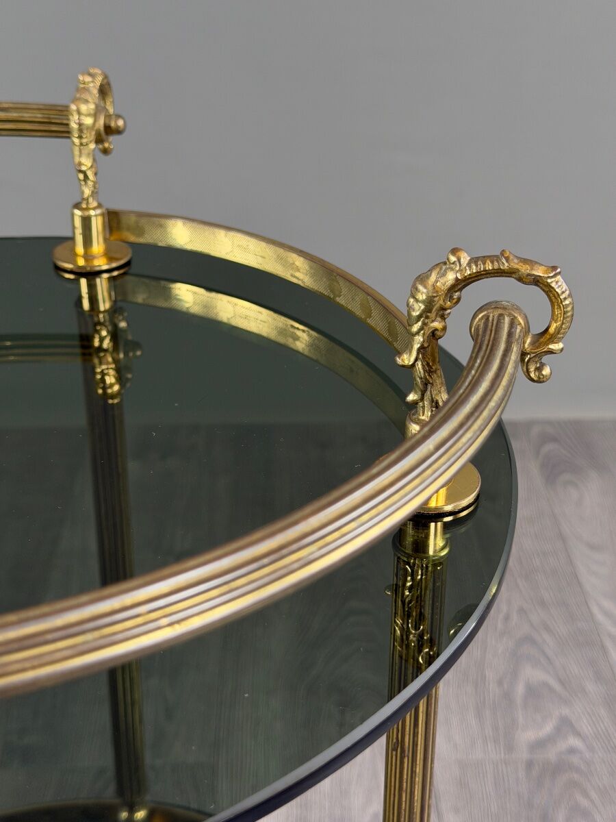 Rolling serving table in gold metal and smoked glass, 20th century