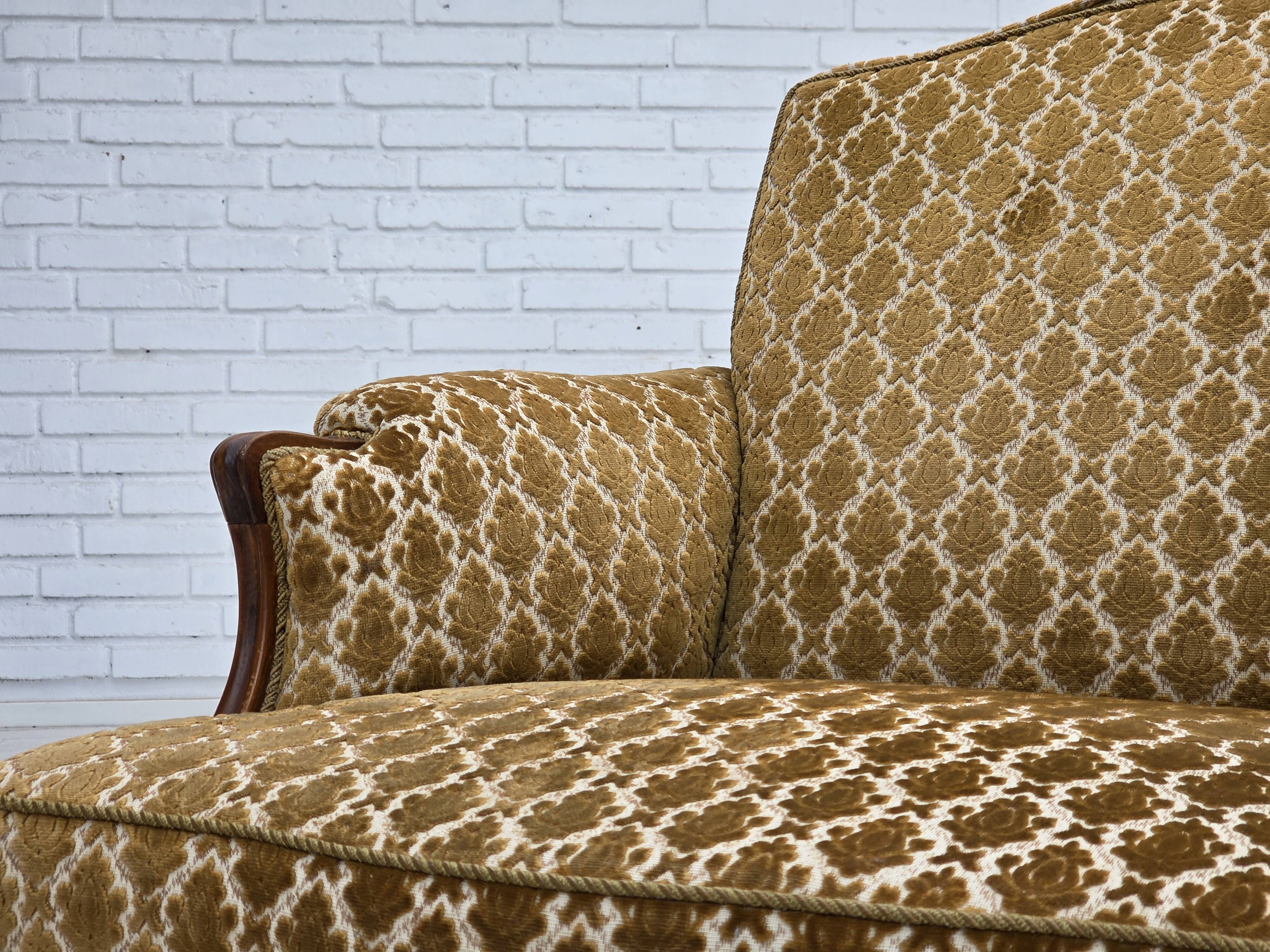 1950s, Danish relax chair, furniture velour, carved ash wood.