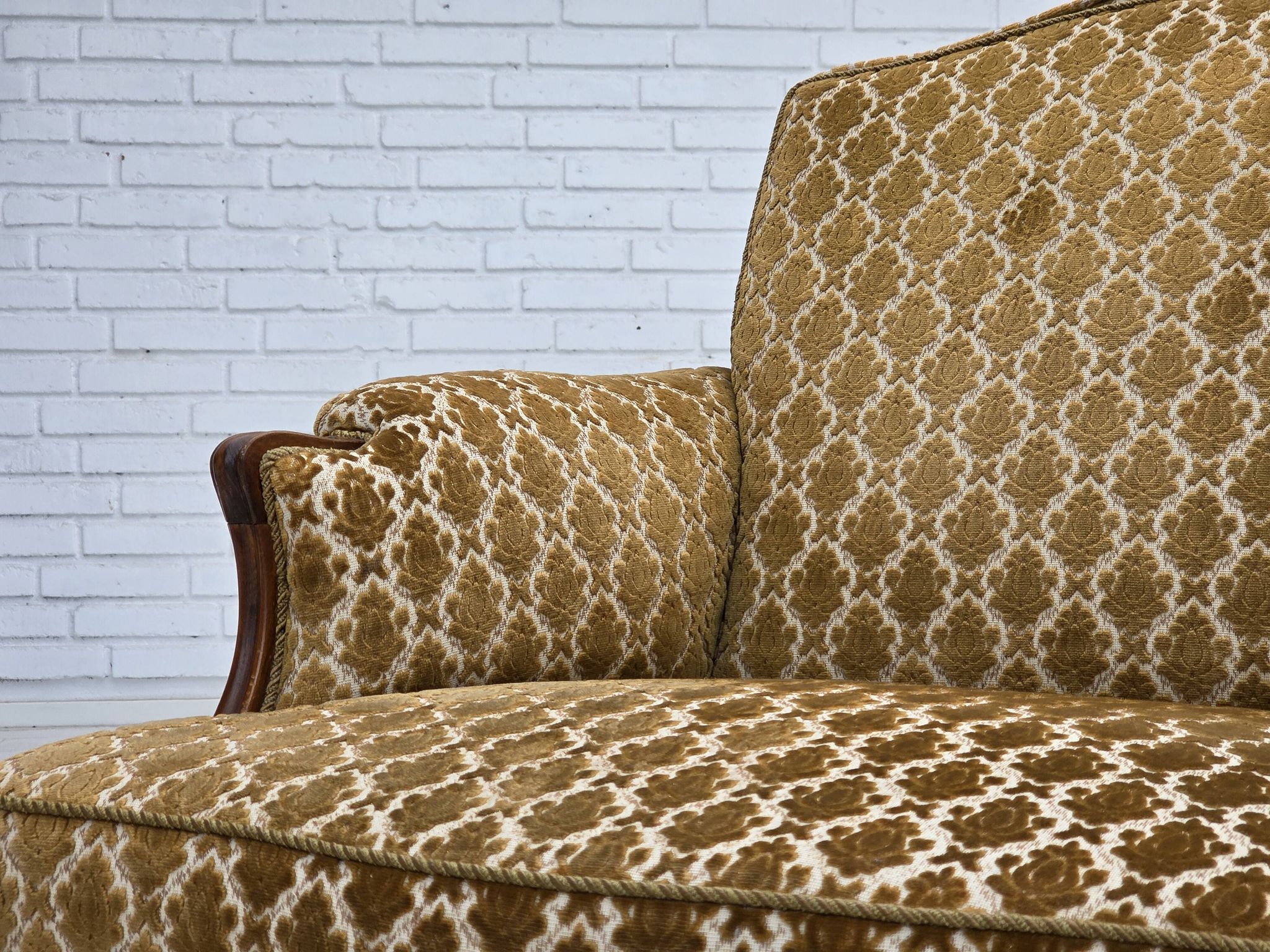 1950s, Danish relax chair, furniture velour, carved ash wood.