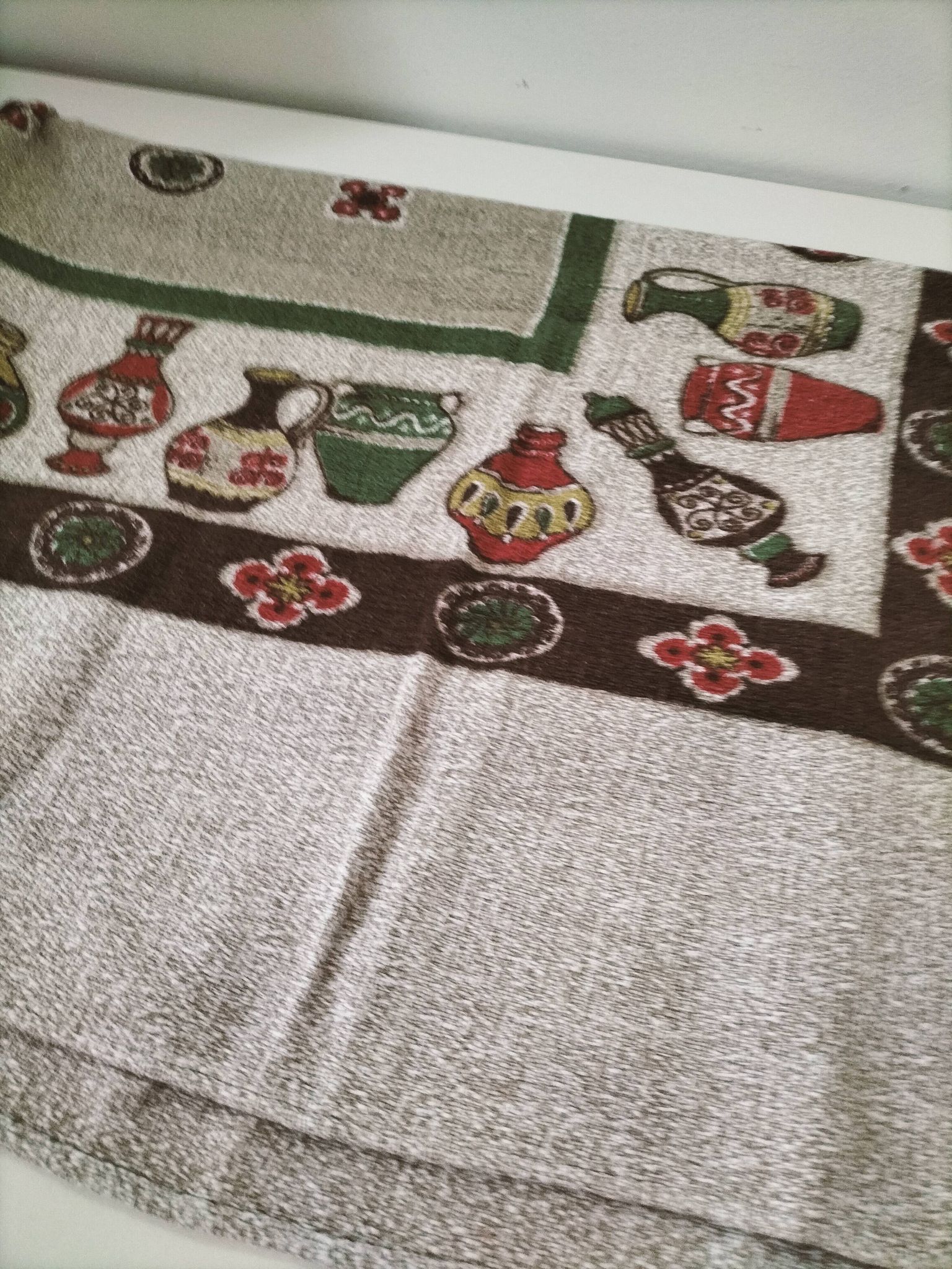 Vintage tablecloth with stylized pottery design, 1960s-70s