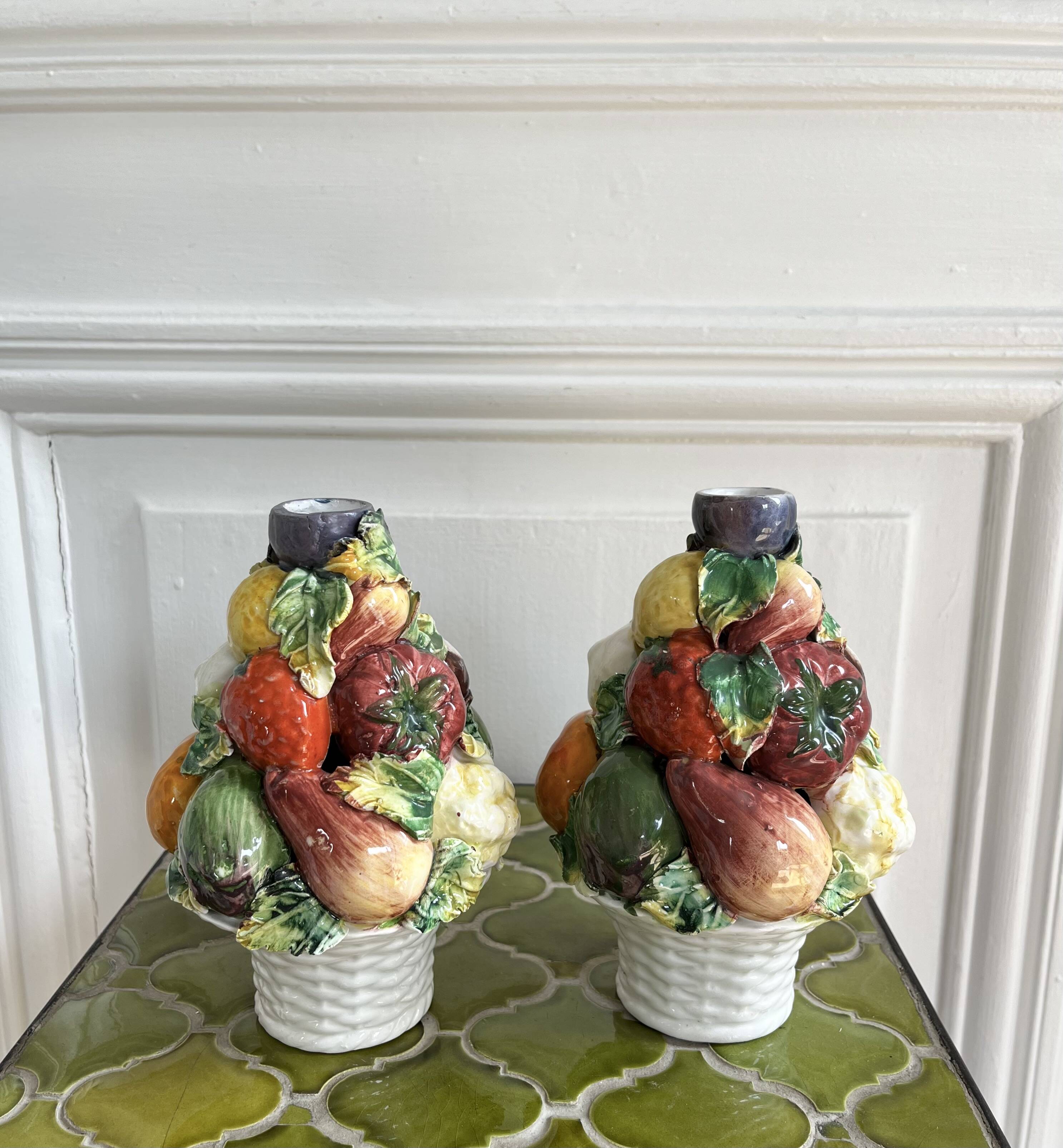 Pair of slip candle holders fruit/vegetable basket