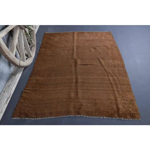Vintage Turkish Hand-Knotted Wool Cotton Brown Kilim Area Rug 130x187
