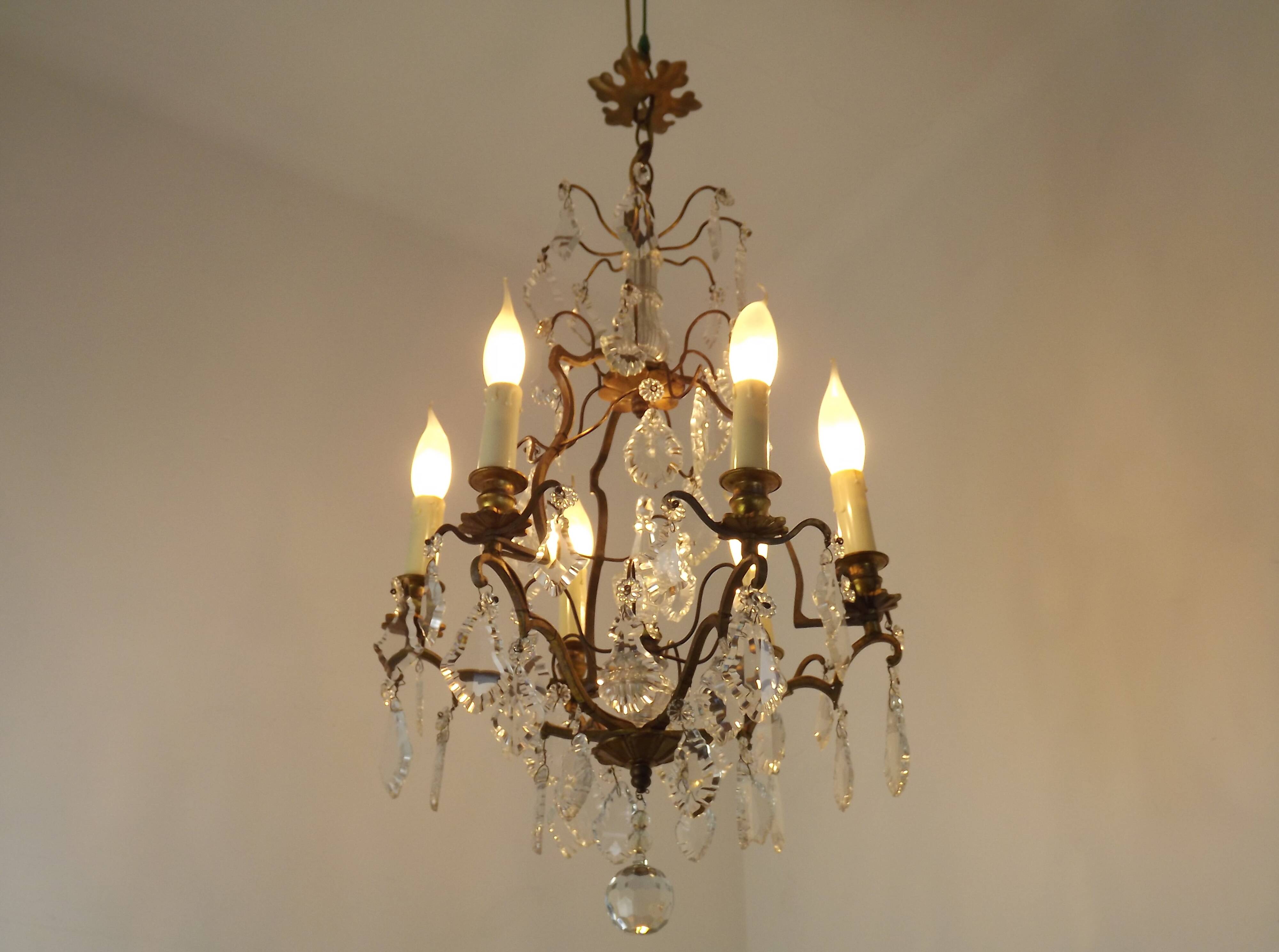 French Bronze and Glass 6 Light Cage Chandelier With Assorted Crystals 5518