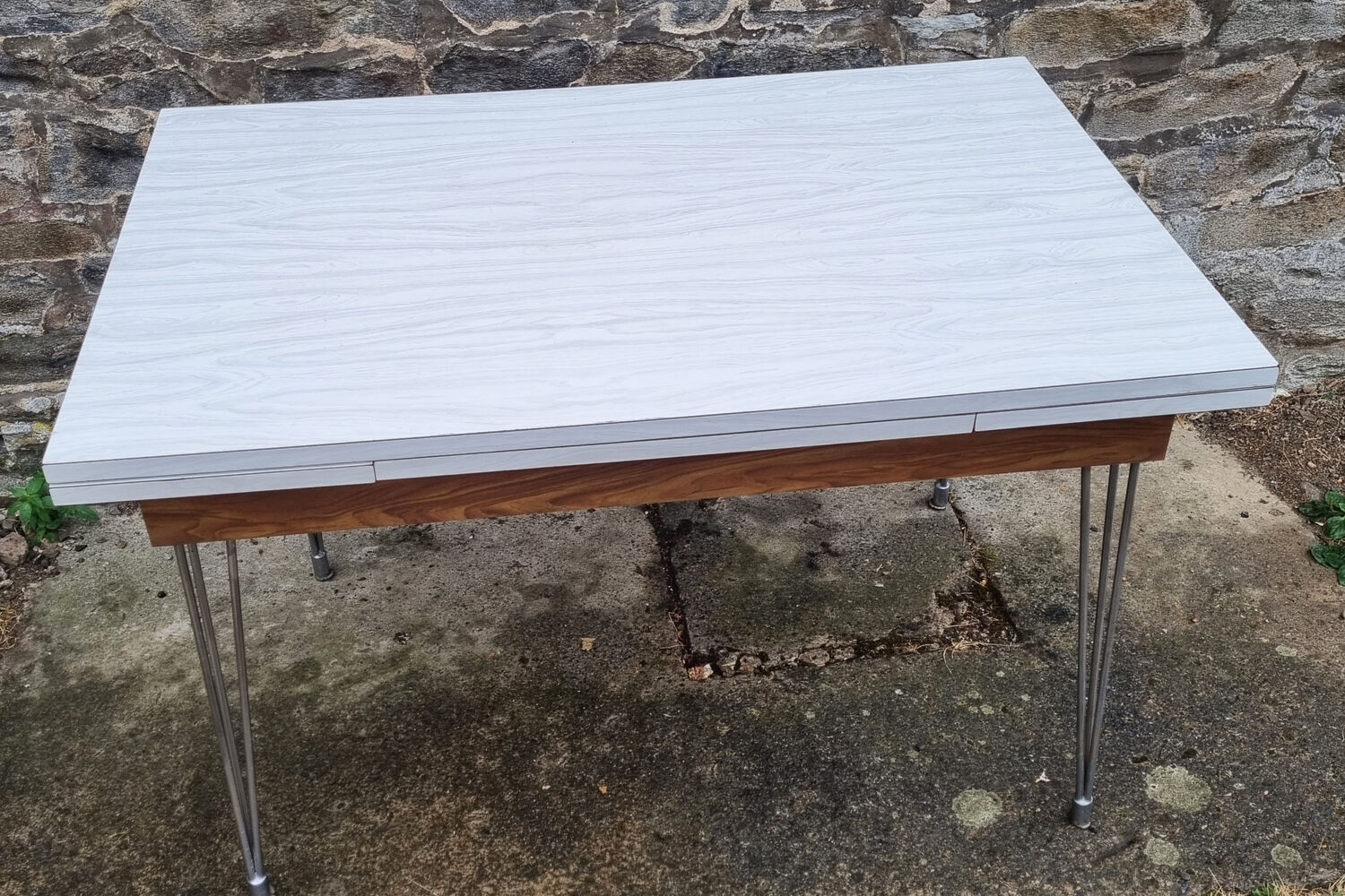 Set table chairs formica bicolor white and wood, feet eiffel, SIF, 70s, its 4 chairs