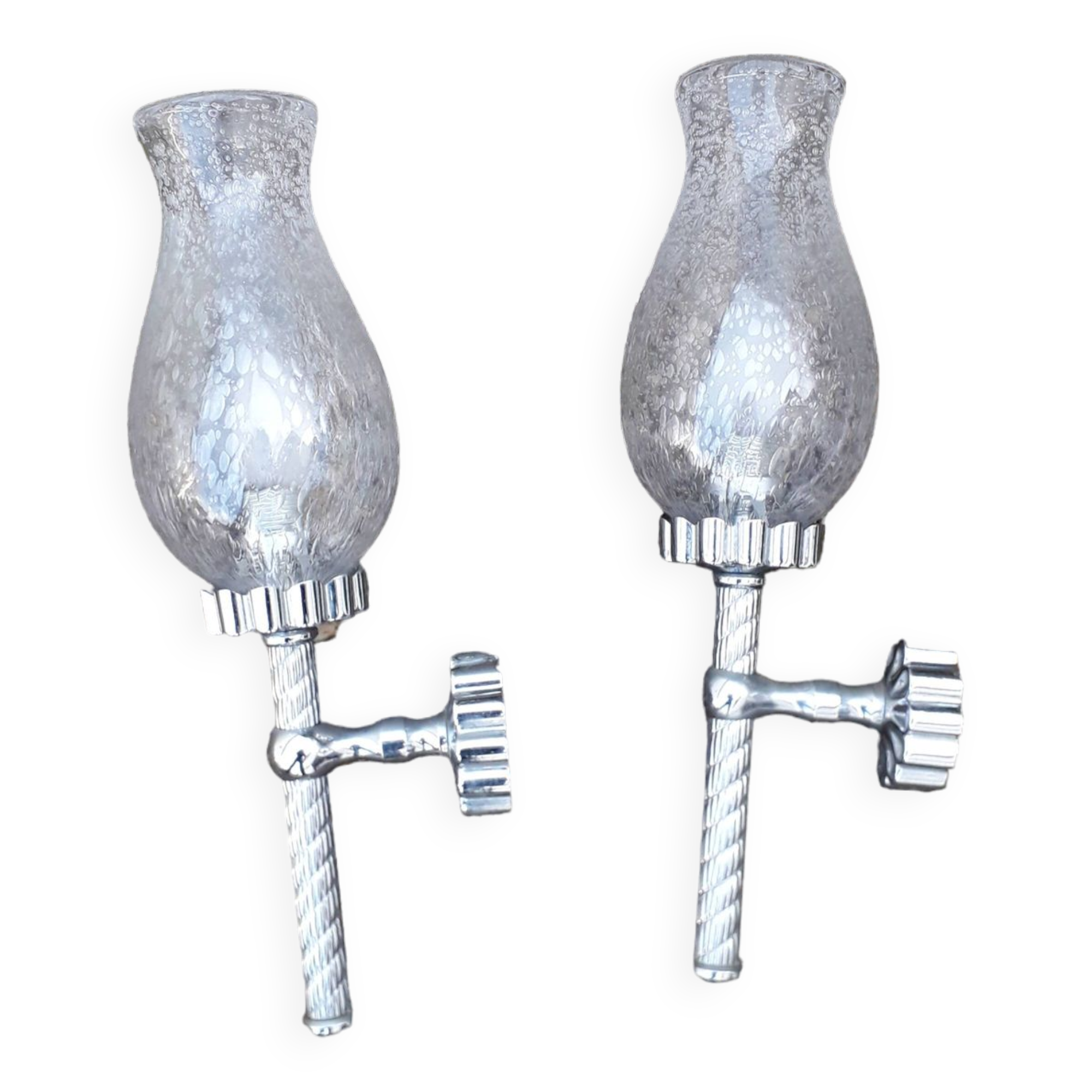 Pair of chrome and bubbled glass wall lights