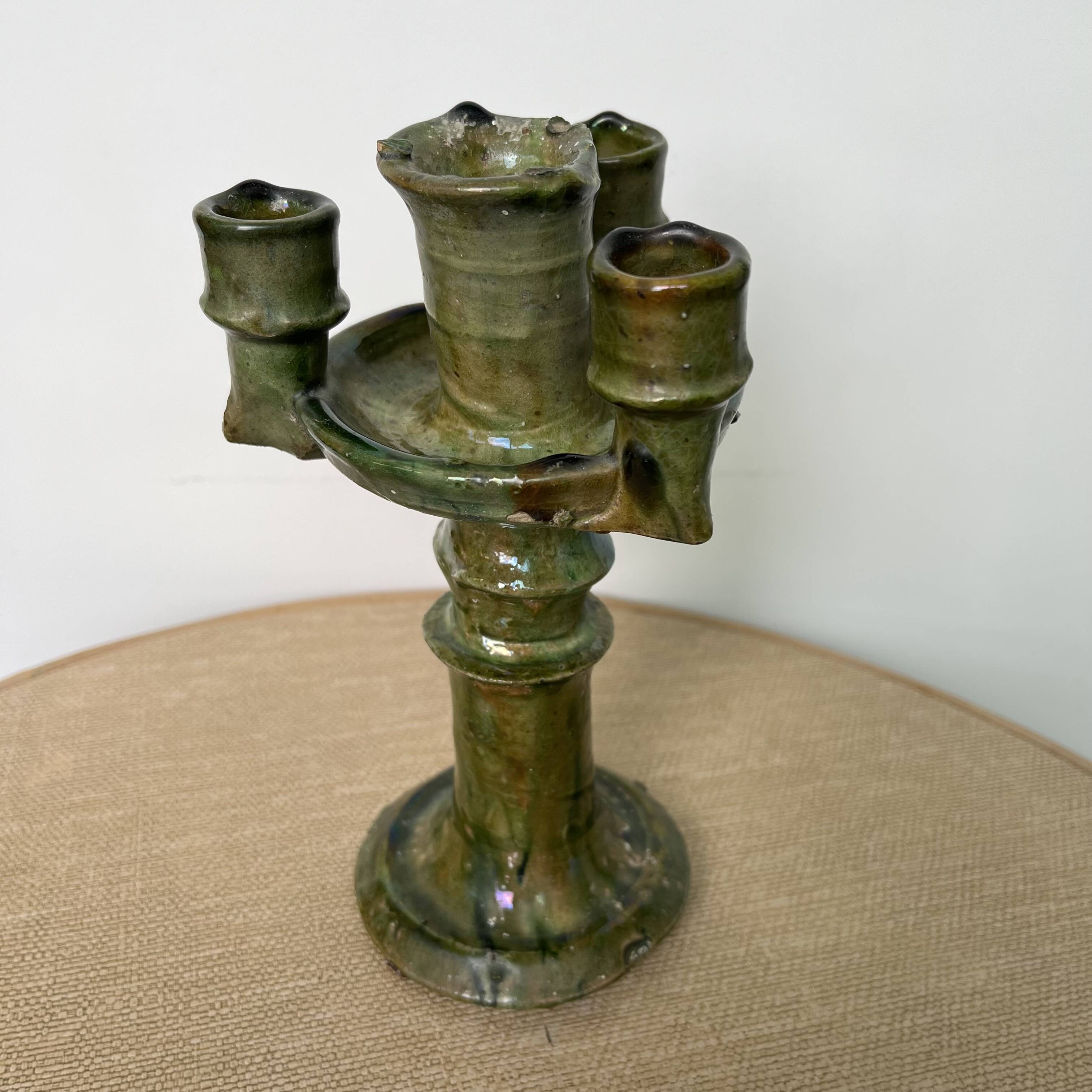 Antique Tamegroute candle holder oil lamp pottery Morocco terracotta