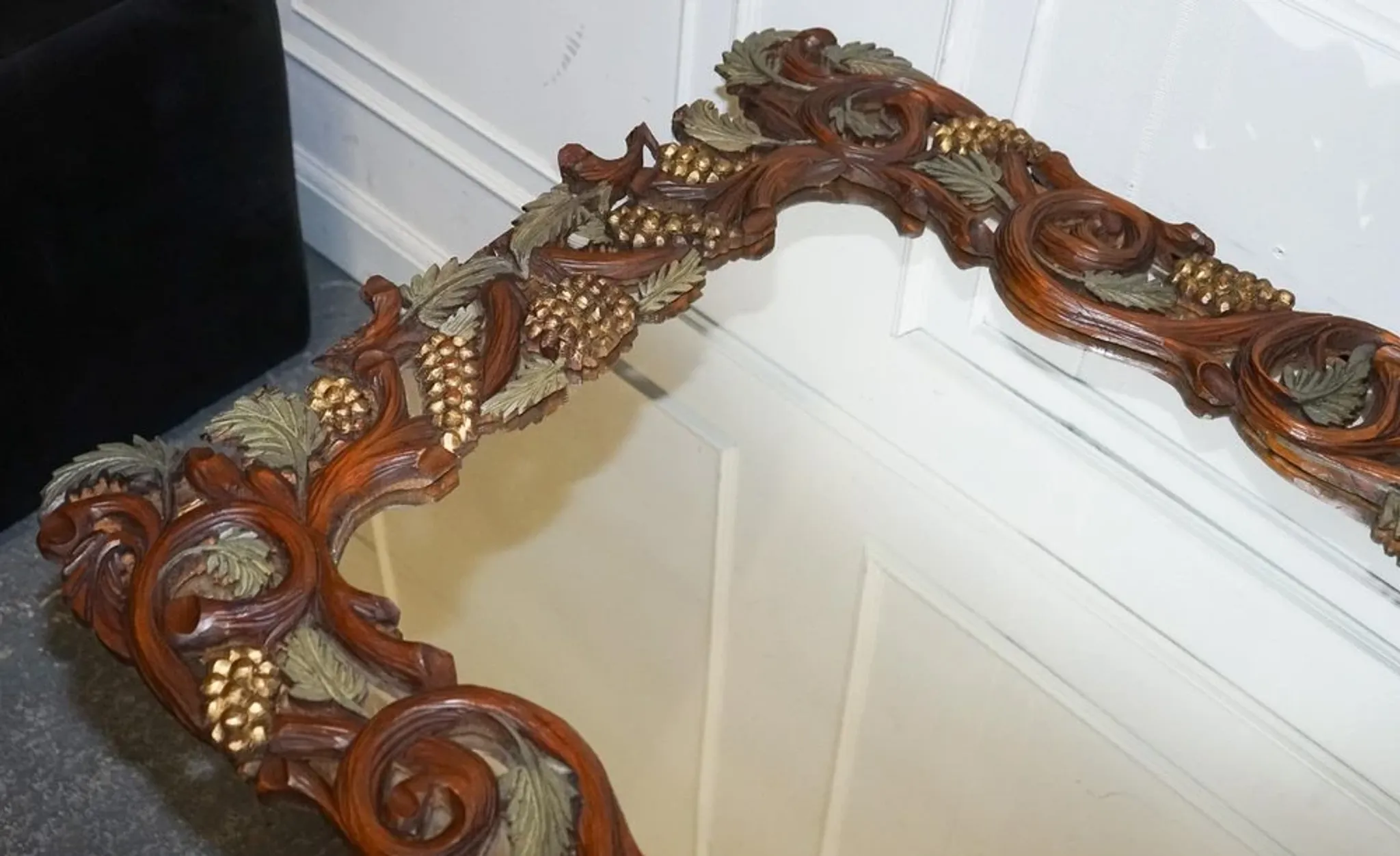 Vintage Black Heavily Carved Wooden Forest Wall Mirror