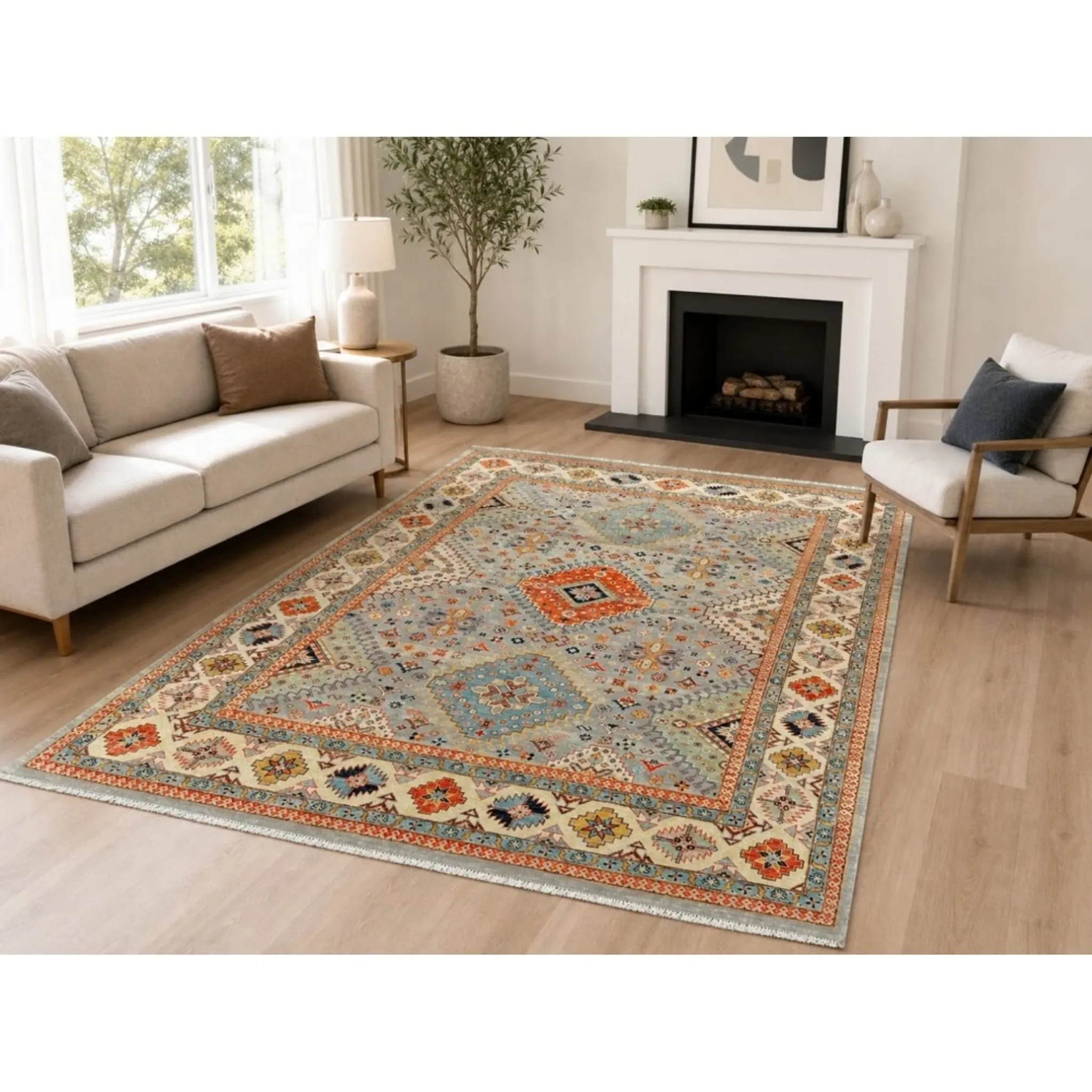 Modern Hand-Knotted Wool Area Rug for Living Room, Blue Geometric Medallion Design Carpet