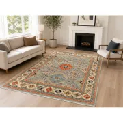 Modern Hand-Knotted Wool Area Rug for Living Room, Blue Geometric Medallion Design Carpet