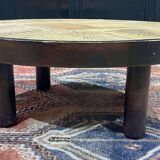 Beech coffee table with ceramic top, herbarium decoration by Raymonde Leduc Vallauris