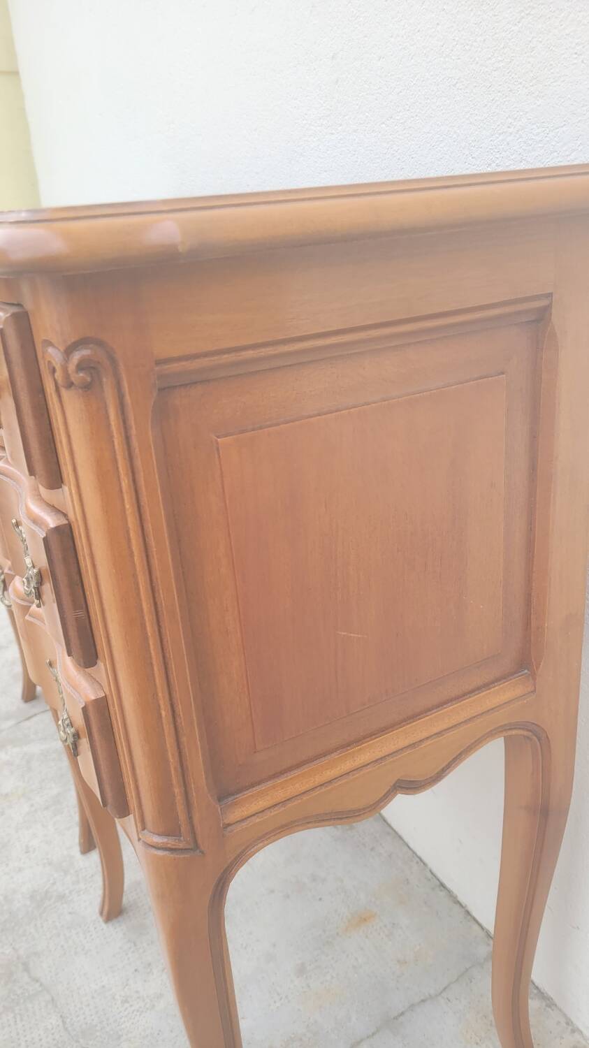 Pair of Louis xv style bedside tables in cherry wood, 3 drawers