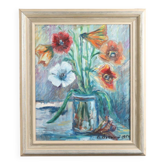 Swedish Oil on Panel – “Flower Still Life” by A. Åslund – Dated 1954
