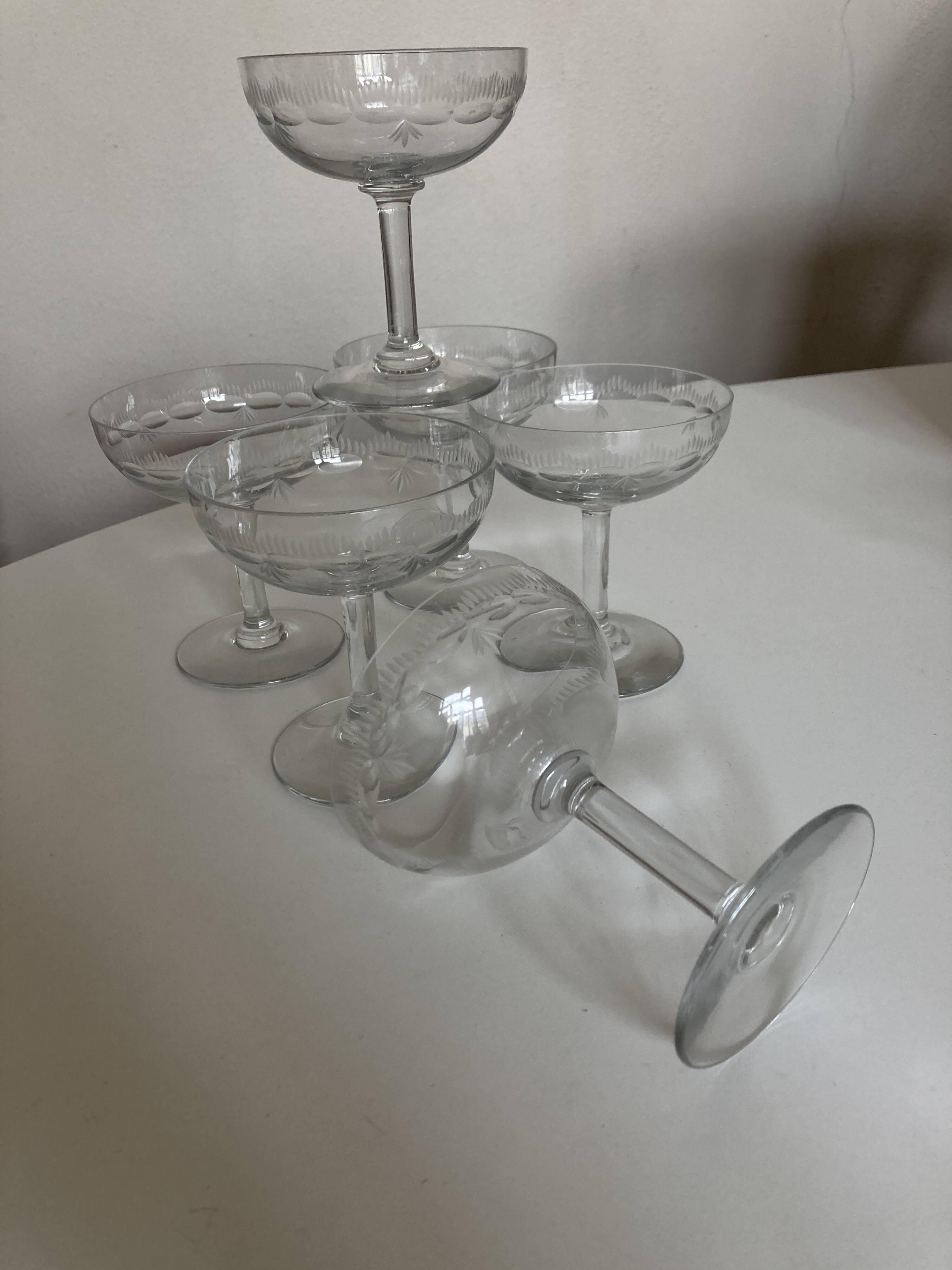 Set of 6 faceted cut crystal champagne glasses, Napoleon III style