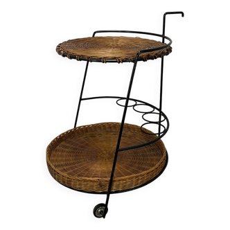 Raoul Guys style metal and rattan serving trolley from the 50s