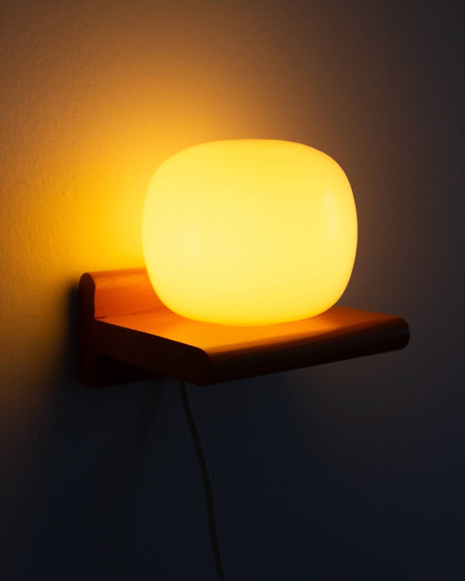 Pair of pine and opaline wall lights, 70s/80s