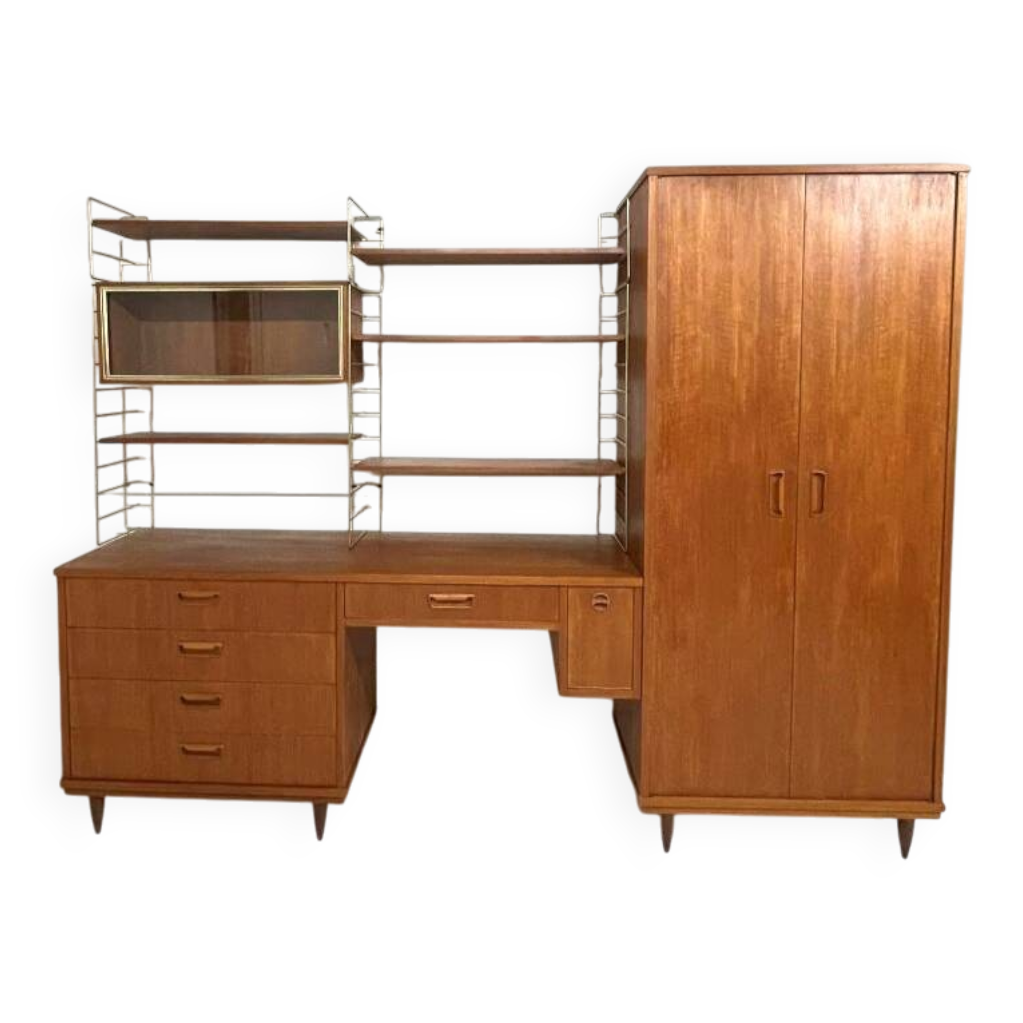 A piece of furniture combining a desk, wardrobe, and shelves.