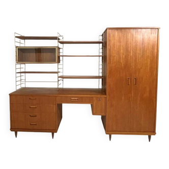 Meuble combinant espace bureau, armoire et étagères