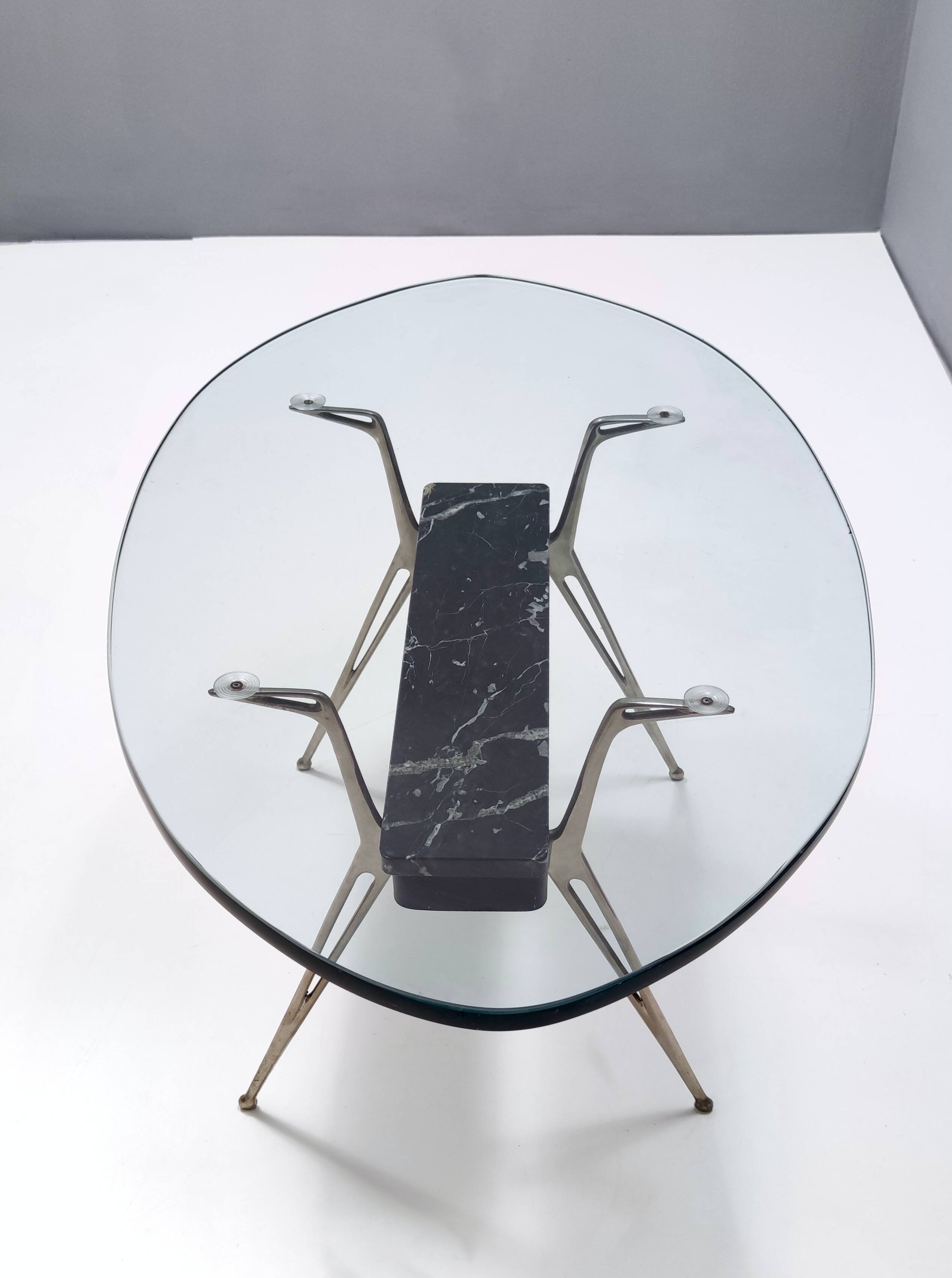 Vintage Oval Glass Coffee Table with Portoro Marble and Iron Base, Italy