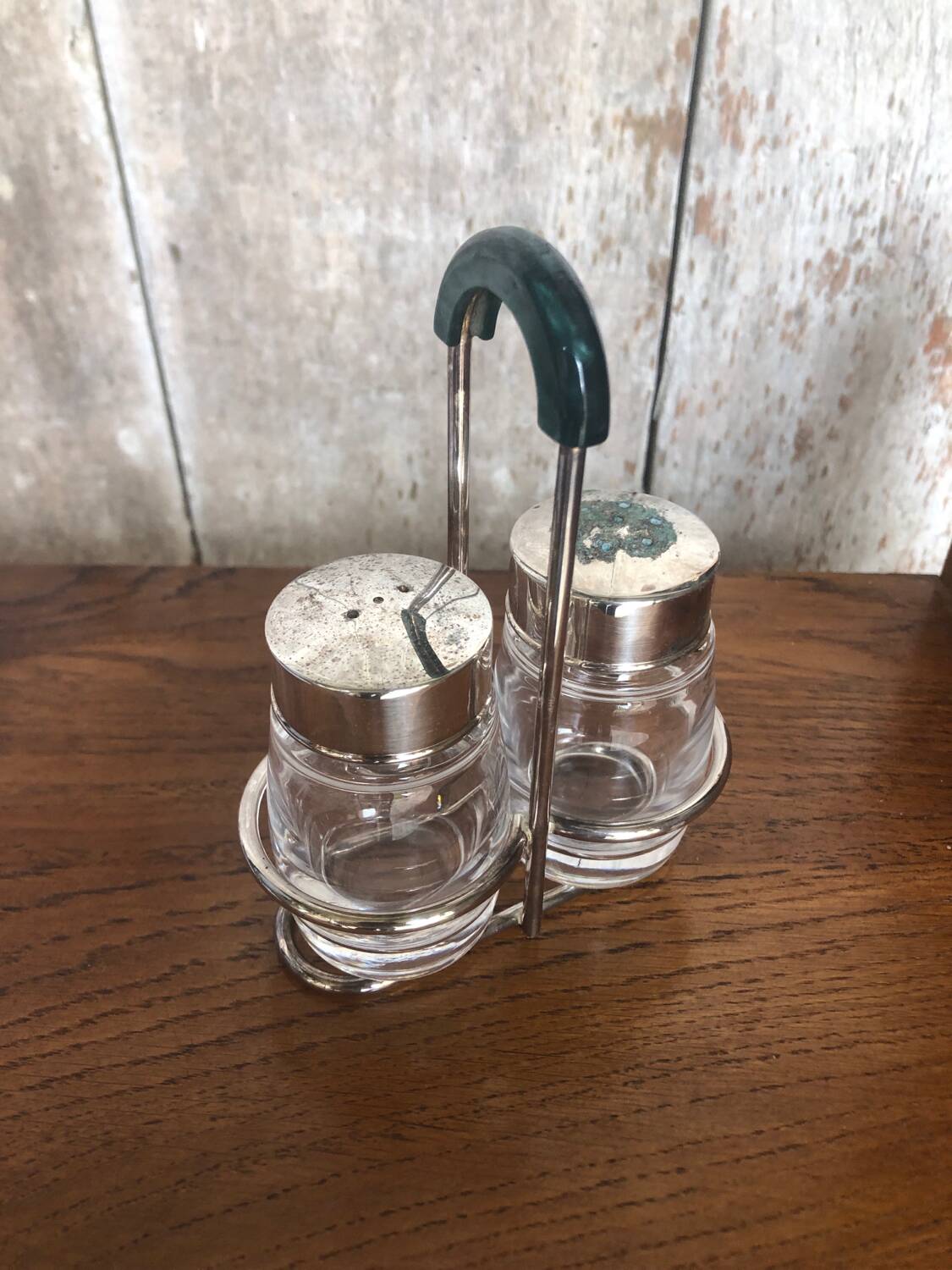 Old Service Salt Pepper Shaker Molded Glass + Vintage Silver Metal