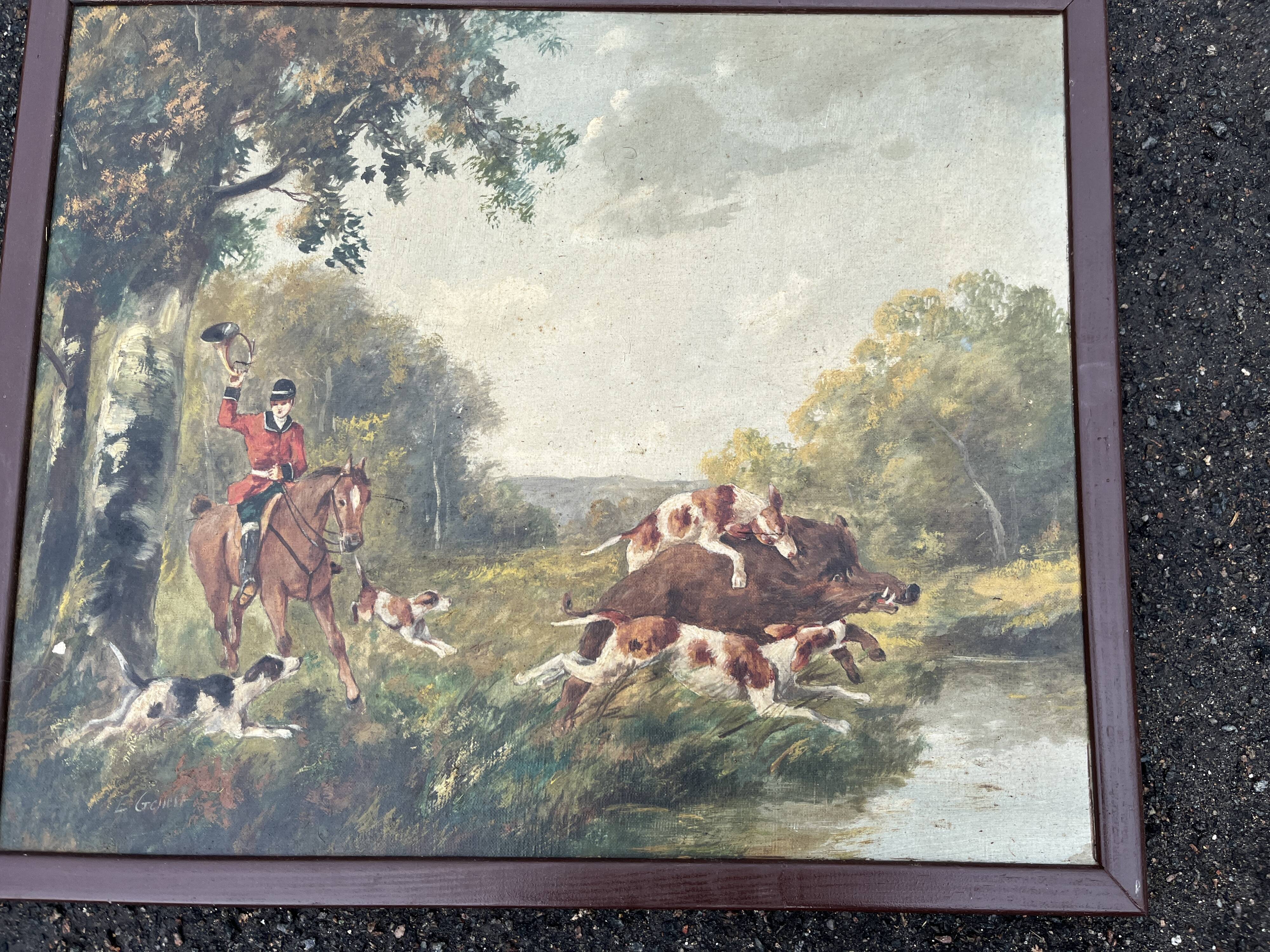 Pair of oil on canvas paintings depicting hunting scenes with deer and wild boar.