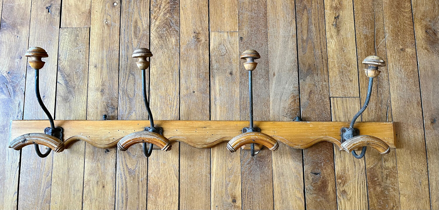 Wall coat rack in wood and old metal